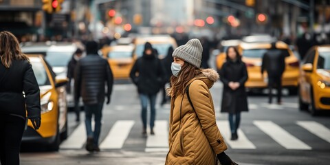 A woman in a surgical mask in the city center - obrazy, fototapety, plakaty
