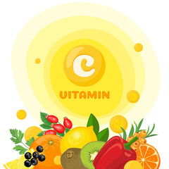 Vitamin C banner. Vector cartoon illustration of colorful fruits and vegetables.