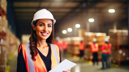 smiling hispanic woman floor manager in a distribution center warehouse holding a clipboard  - obrazy, fototapety, plakaty