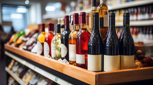Bottles of wine on shelf in liquor store close up.