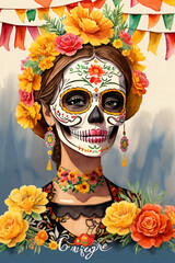 Day of the dead, Dia de los muertos, sugar skull with marigold flowers wreath on paper watercolor Background.
