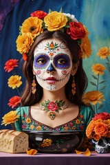 Day of the dead, Dia de los muertos, sugar skull with marigold flowers wreath on paper watercolor Background.
