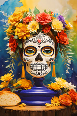Day of the dead, Dia de los muertos, sugar skull with marigold flowers wreath on paper watercolor Background.
