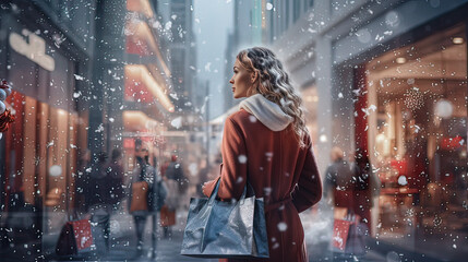 Horizontal photo Caucasian mid adult woman in a winter sales shopping street. Concept people, sales.