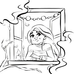 Children coloring book. Autumn girl witn big eyes near the window