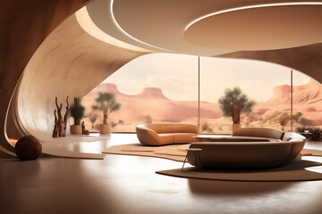 Minimalist futuristic hotel lobby interior with tropical theme, hyper realistic photo, beautiful light,
