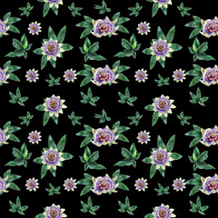 Seamless patterns with watercolor flowers and passion flower leaves on a black background for textile decor, wallpaper, and gift packaging.