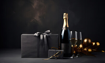 Elegant celebration scene with a luxurious gift box and champagne bottle. - obrazy, fototapety, plakaty