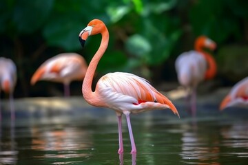 Pink flamingo in its natural habitat, a beautiful water bird. Generative AI