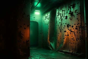 Abstract interior of rusted metal with green light, illuminated at night. Generative AI