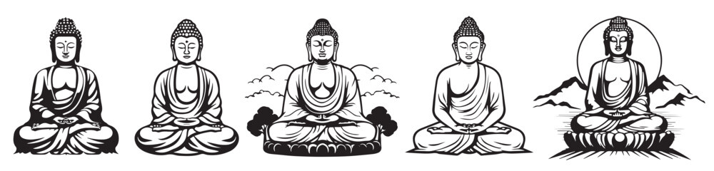 Set of five Buddha statues meditating in the lotus position. Vector illustration.