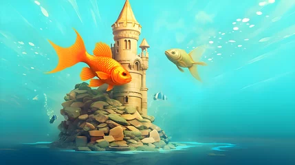 Tuinposter Underwater Fantasy Scene with Vibrant Goldfish, Mysterious Castle, and Bubbles in Crystal Clear Blue Water © Marcos