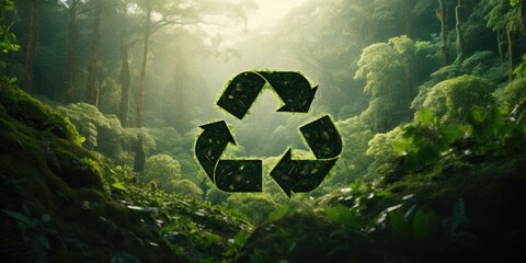 Recycling symbol with plants, environmental preservation concept. Generative AI - obrazy, fototapety, plakaty