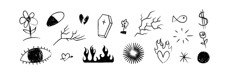 Various tattoo sketch doodle. Hand drawn ink cartoon sribbles in ignorant, grunge style. Rough eye, pill, coffin, fire, flower, heart, fish. (Full Vector)