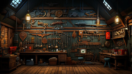 A pile of tools hang on the wall in the workshop - obrazy, fototapety, plakaty