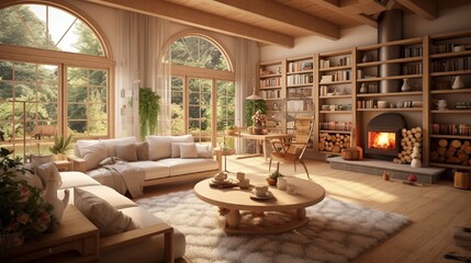 cozy warm home interior of a chic country house with an open plan, wood finishes, warm colors and a family hearth. view of the recreation area for family and guests - obrazy, fototapety, plakaty