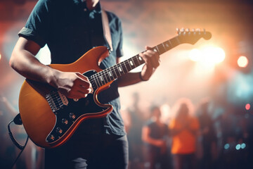 Obraz premium Musician playing guitar on scene with spotlights. Musical band at concert