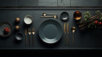 top view of empty plates and cutlery on wooden table