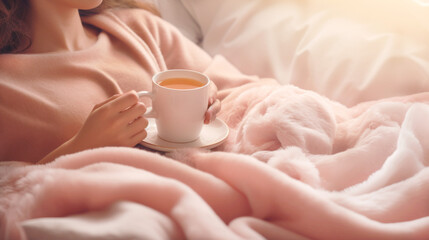 Woman lying in bed with warm blanket in pink colors, holding a cup of tea. Natural cold remedies. Banner. - Powered by Adobe