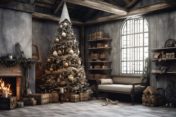 Festive interior featuring a Christmas tree adorned with wooden branches and wrapped gifts. Generative AI