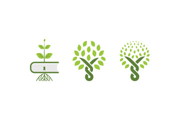 the logo consists of books, roots and leaves and tree trunks