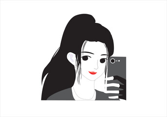 a Cute cartoon girl black hair vector line art on white background profile picture illustration.