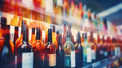 wine bottles in the row on the shelves