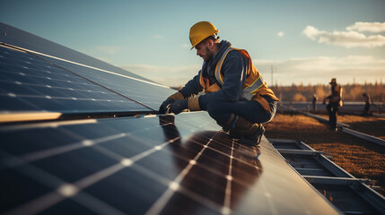  Male engineer in uniform walking and looking at solar power plant. Man in hard helmet examining object. Concept of solar station development and green energy. Worker on solar power station outdo - obrazy, fototapety, plakaty