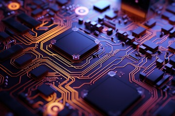 Digital Pathways Explored: Close Perspective on Circuit Board Complexity, Unraveling the Interconnected Threads of Technological Progression. Generative AI