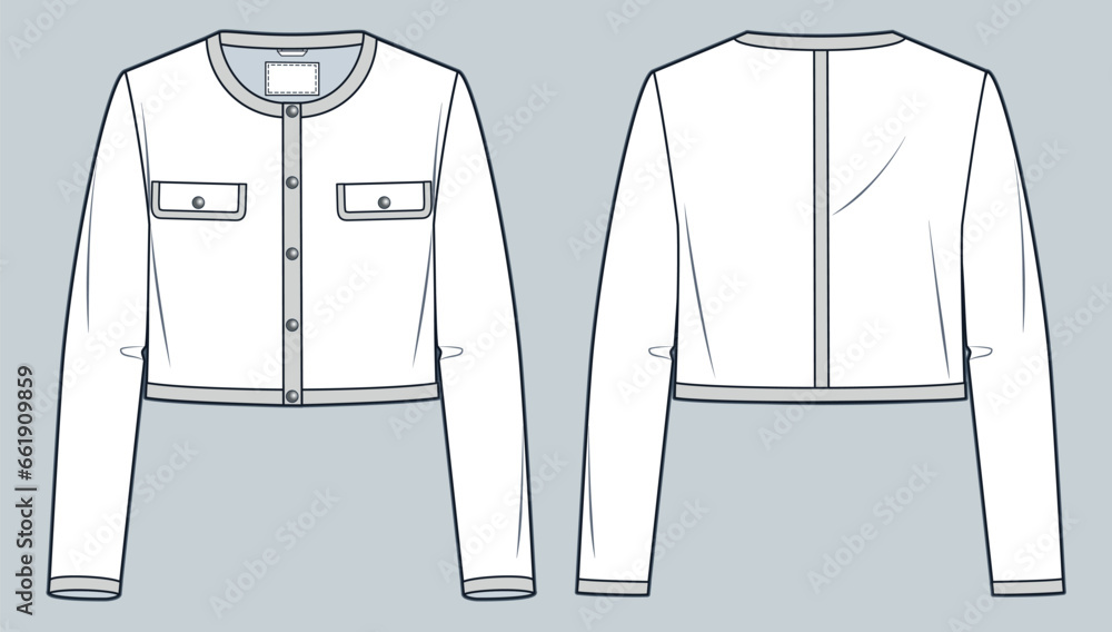 Poster crop jacket technical fashion illustration. jacket with buttons fashion flat technical drawing templ