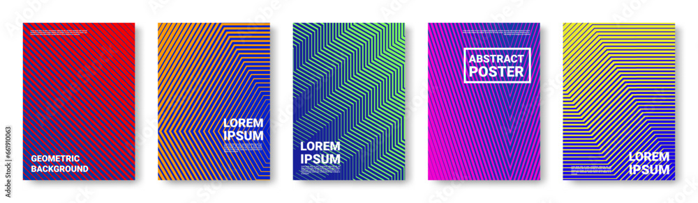 Aufkleber Abstract backgrounds. Color line patterns. Modern graphic design. Bright gradient flat texture. Geometric shape covers. Simple placard with diagonal elements. Vector minimal posters set