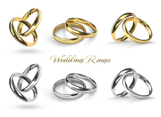 Gold and silver rings. Realistic isolated Jewelry, golden heart and love objects, symbol of two love, groom and bride ceremonial engagement luxury accessories. 3d jewel vector illustration