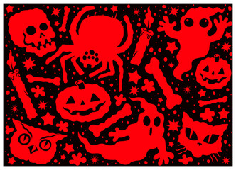 Simple creepy dreadful cartoon monochrome background with halloween themed elements silhouettes, spider, skull, pumpkin, ghost, ominous vector illustration