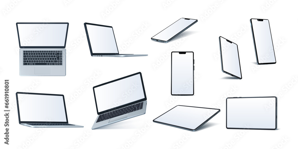 Fototapete laptop, tablet and smartphone mockup. 3d pc and mobile phone in perspective side, blank website on i