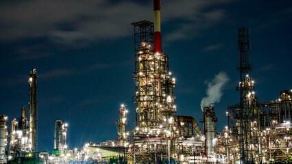 oil refinery plant at night in japan