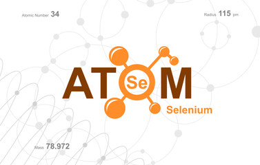 modern logo design for the word "Atom". Atoms belong to the periodic system of atoms. There are atom pathways and letter Se.