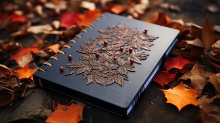 Notebook Close-Up on Ground with Autumn Maple Leaves Backdrop