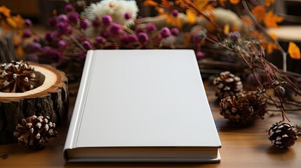 Naklejka na ściany i meble Notebook Close-Up on Ground with Autumn Maple Leaves Backdrop