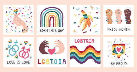 Pride month. LGBTQIA community. LGBT flag. Rainbow way icon for parade post. People diversity. Raised arm fists. Love heart. Rights and freedom. Hand drawn poster. Vector cute banners set
