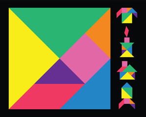 Obraz premium Tangram (Chinese dissection puzzle). Set of cards for talent development. Seven pieces of different geometric shapes: triangles, square, and parallelogram Vector.