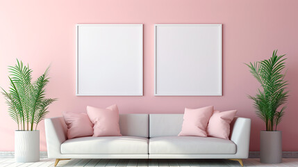 Mockup Template of 2 Poster Frames Same Size on Pink Wall.