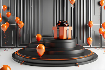 3d rendering illustration Mockup podium stage Minimal Celebrate Gift Box and orange ribbin and balloons Abstract Background.AI generated