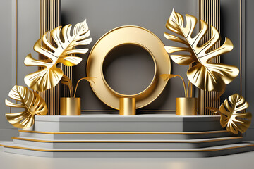 3d rendering illustration white and gold pedestal with golden palm leaves. Empty space design luxury mockup scene for product.AI generated