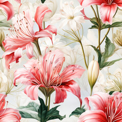 Seamless pattern, Nerine Lily flowers , vintage style , water color design 