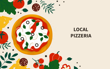 Local pizzeria banner. Pizza ingredients. Italian food, pasta restaurant menu cover, cheese, olive and baked dough decoration. Different fresh vegetables. Vector isolated background