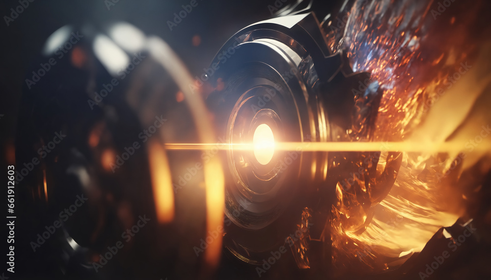 Poster dark sci-fi scene with camera lens, epic power source, mesmerizing flares, mesmerizing particle effe