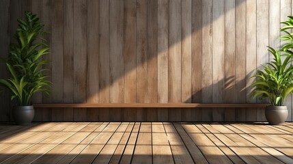 Empty old wood plank wall 3d render,There are concrete floor,Behide the backdrop is a tropical garden,sunlight shine into the room.