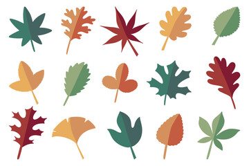 Autumn leaves. Yellow red and green leaf, fall deciduous season, bright flora icons, foliage of maple oak and chestnut. Vector cartoon flat style isolated illustration floral and botanical set