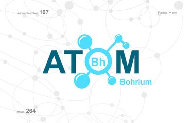 modern logo design for the word "Atom". Atoms belong to the periodic system of atoms. There are atom pathways and letter Bh.