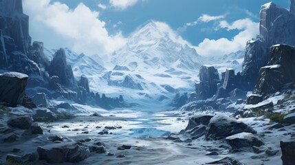 Landscape of mountains. Valley,  lake and snow. Rocks and canyon. Beautiful sky with white clouds.